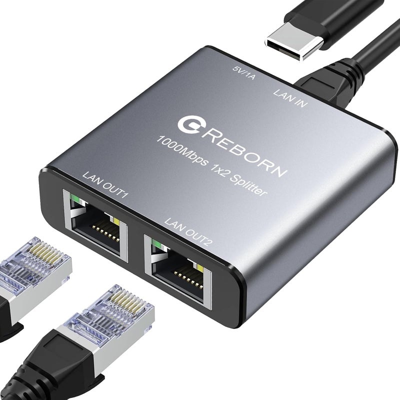 REBORN Ethernet Splitter 1 to 2 High Speed 1000Mbps, RJ45 Gigabit Ethernet Cable Splitter 1 to 2, LAN Splitter with USB Power Cable for Cat 5/6/7/8 Cable [2 Devices Simultaneous Networking] - Image 1